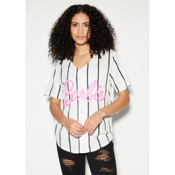 Barbie Tops - White Pinstriped Barbie Graphic Baseball Jersey